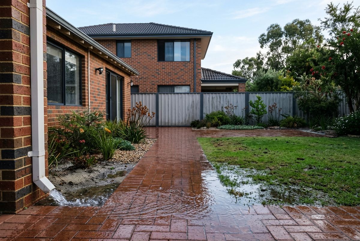 Rainwater pooling on brick paving and lawn in a Perth backyard, illustration by IBP Paving
