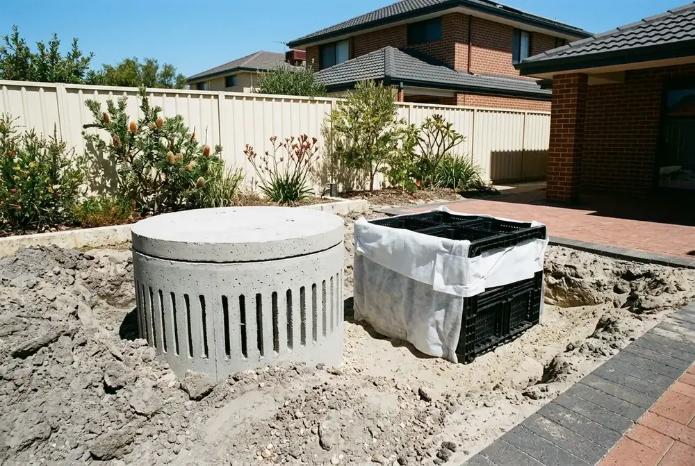 Illustration comparing a precast concrete soakwell and a polypropylene crate soakwell on a Perth building site