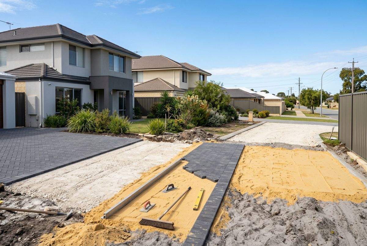 Driveway paving in charcoal herringbone over crushed limestone road base in Perth by IBP Paving