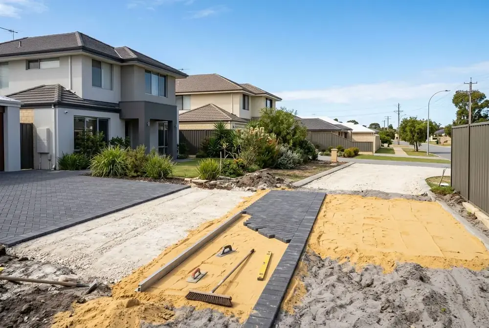 Driveway paving in charcoal herringbone over crushed limestone road base in Perth by IBP Paving
