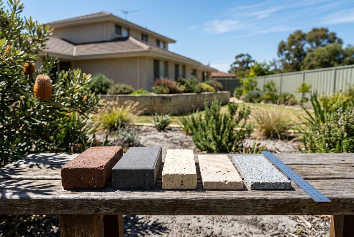 Clay, concrete, limestone, travertine and granite paver samples compared for a Perth home by IBP Paving