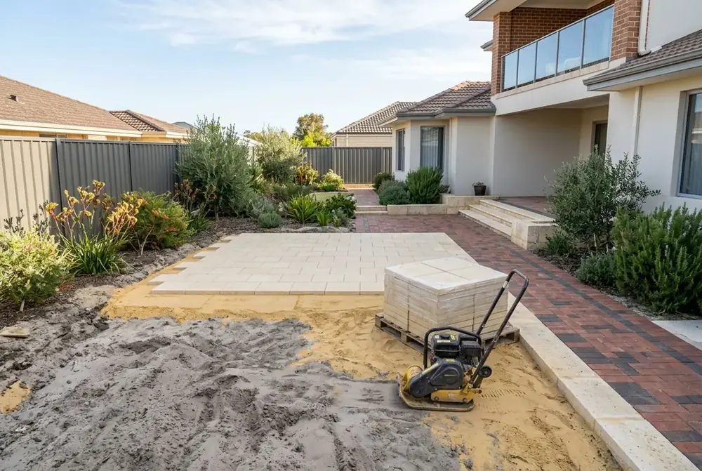 Alfresco paving in cream concrete pavers being laid on bedding sand in Perth by IBP Paving