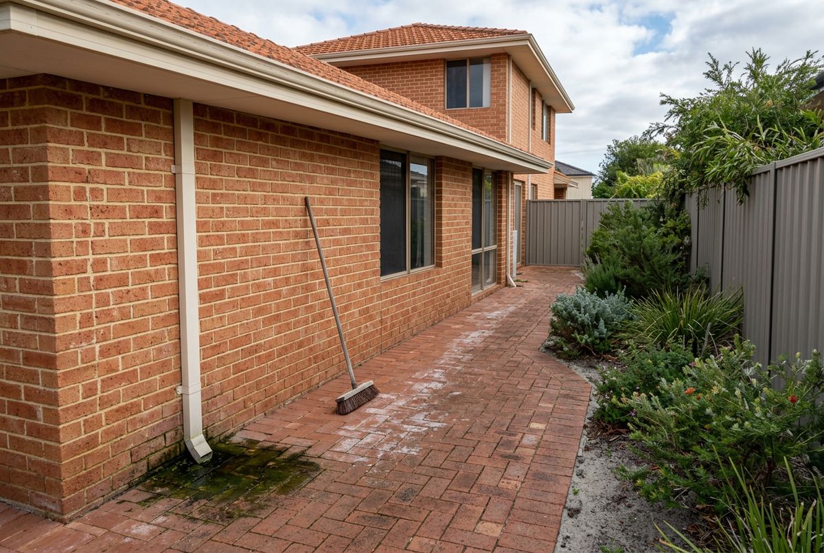Shaded clay brick path in Perth showing efflorescence and algae before cleaning, illustration by IBP Paving