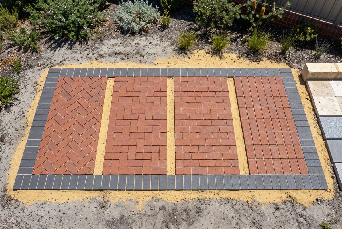 Four brick paving patterns laid side by side with a charcoal soldier course border, illustration by IBP Paving