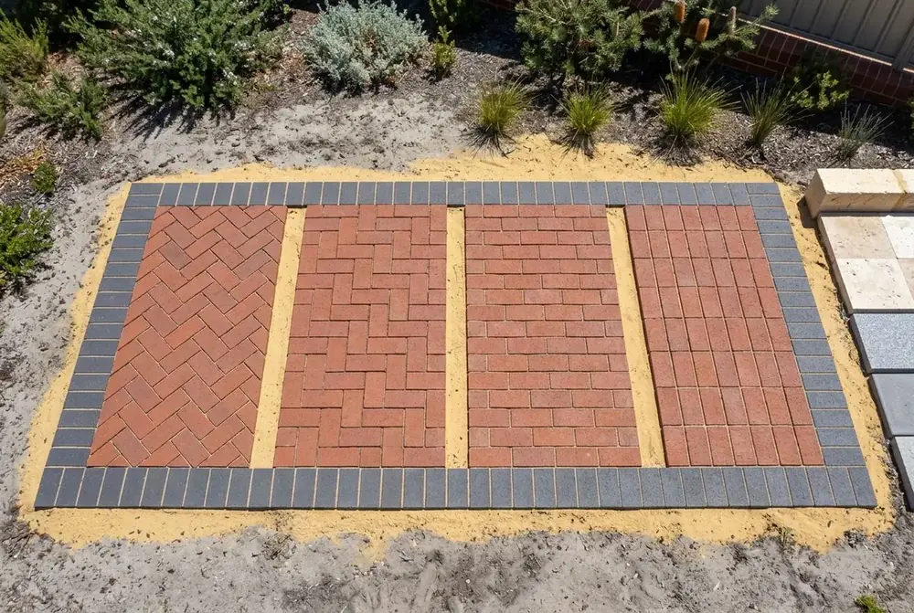 Four brick paving patterns laid side by side with a charcoal soldier course border, illustration by IBP Paving
