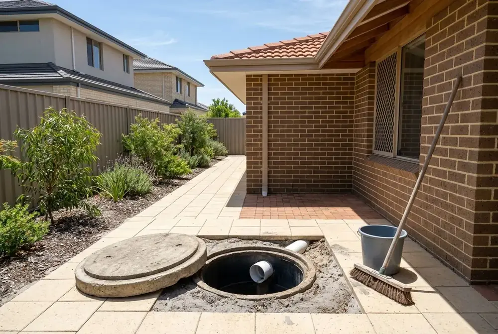 Concrete soakwell with lid lifted for inspection beside Perth paving, illustration by IBP Paving