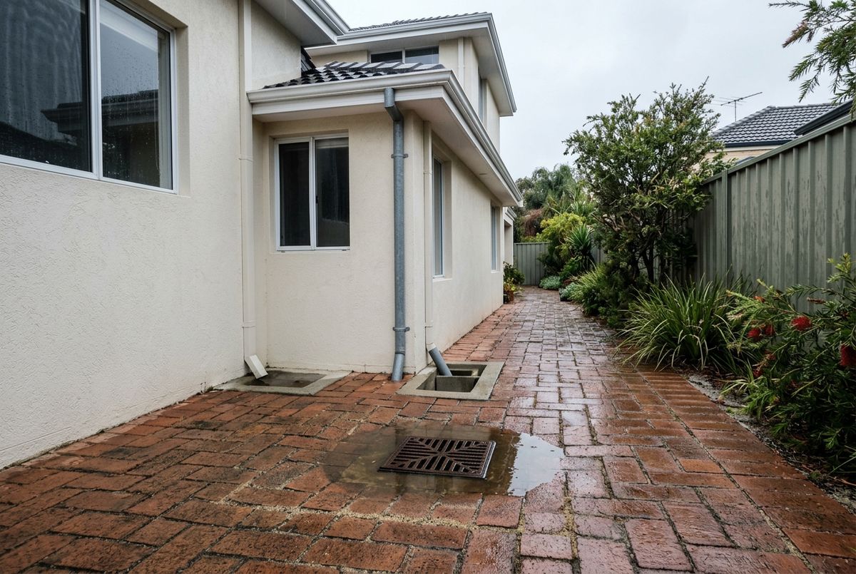 Illustration of water pooling over a soakwell grate in Perth paving after rain, with the surrounding pavers starting to sink