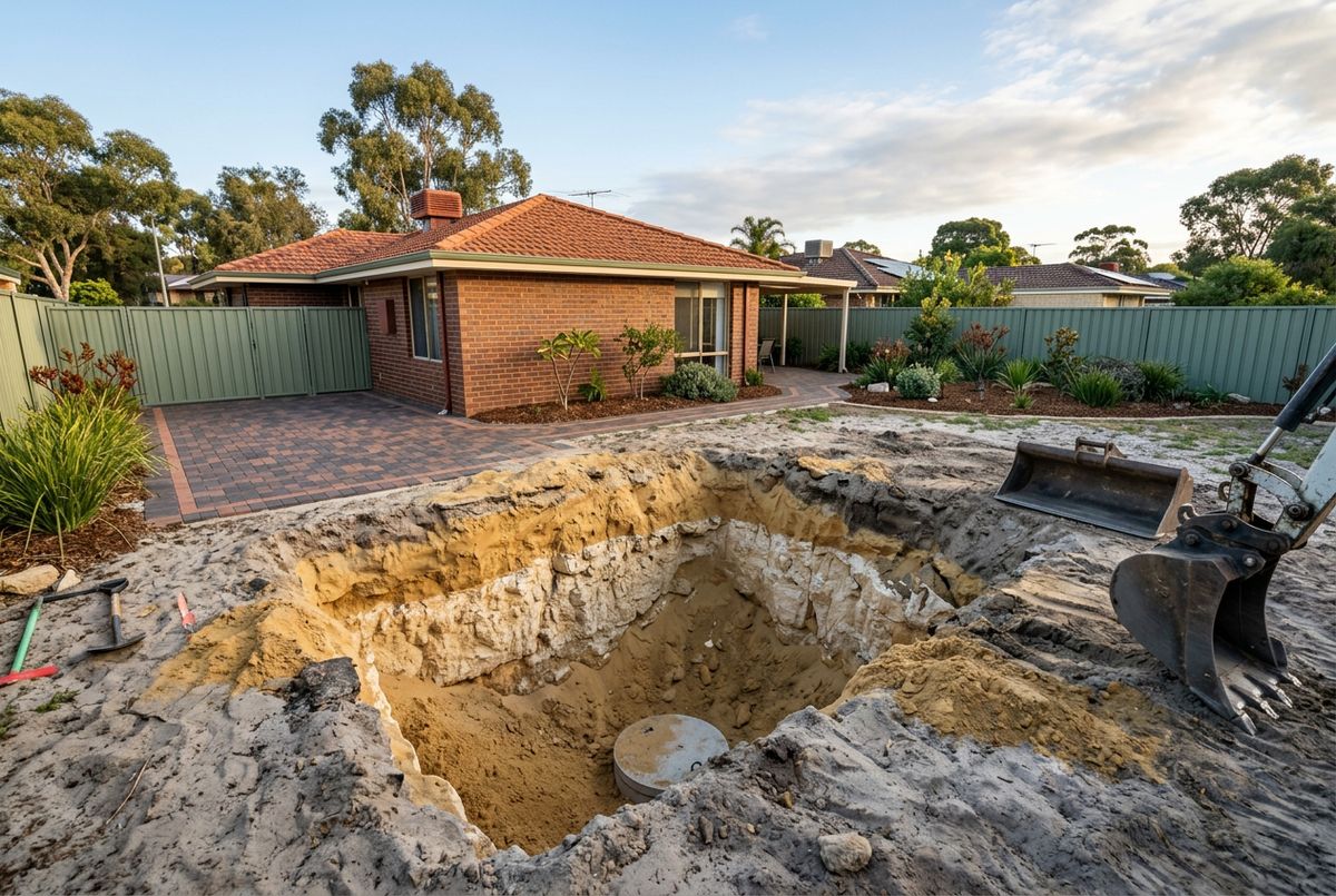 Illustration of a soakwell excavation hitting cream limestone caprock beneath yellow sand in a Perth back yard