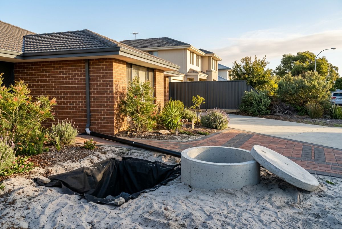 Illustration of a concrete soakwell beside its excavation in Perth sand, with the downpipe connection ready to go in
