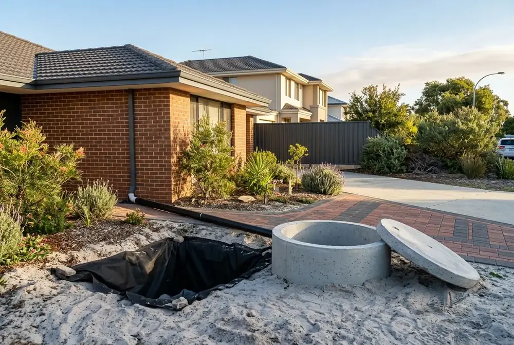 Illustration of a concrete soakwell beside its excavation in Perth sand, with the downpipe connection ready to go in