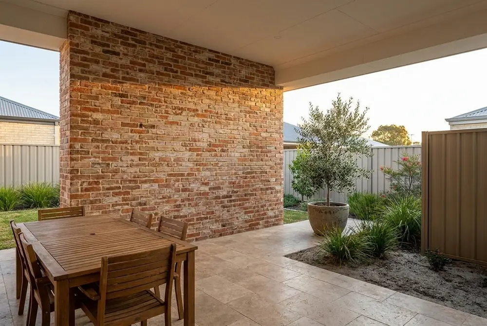Red recycled look clay brick slips on an alfresco feature wall above travertine paving in a Perth backyard