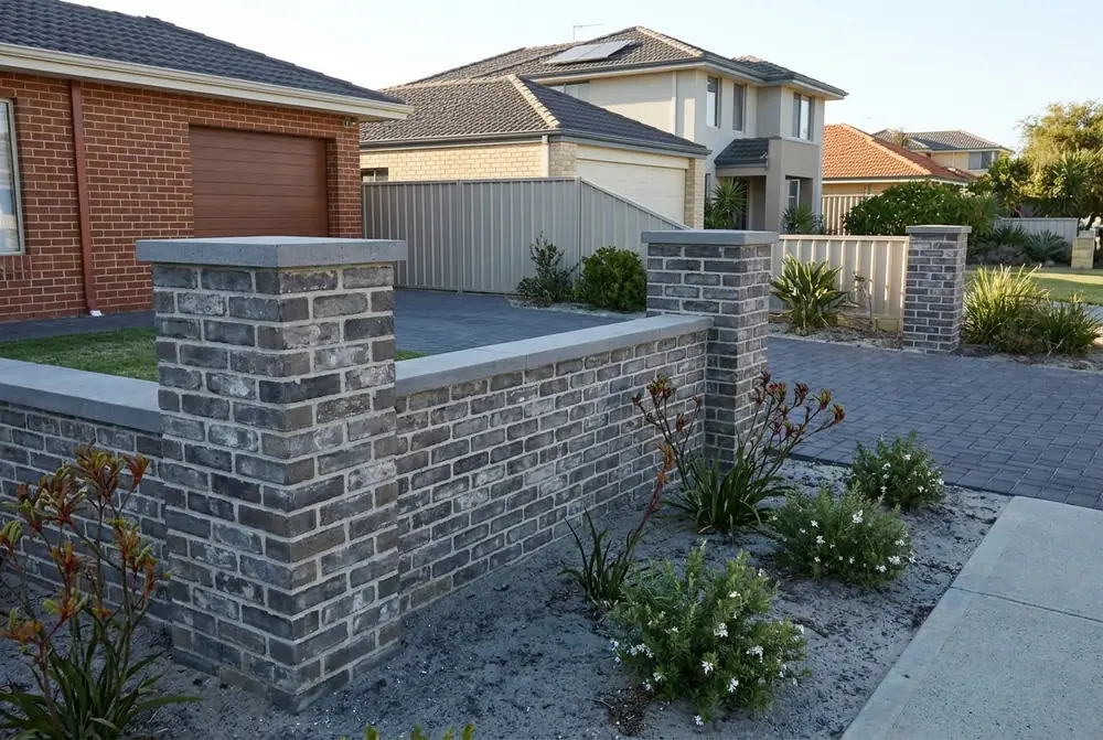 Dark grey recycled look brick slips on a low front fence and piers beside a charcoal brick paver driveway in Perth