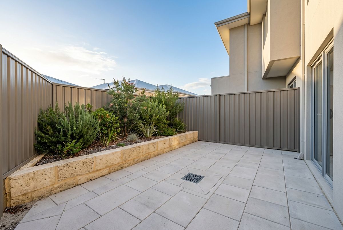 Courtyard paving in large format pale grey pavers in Perth by IBP Paving