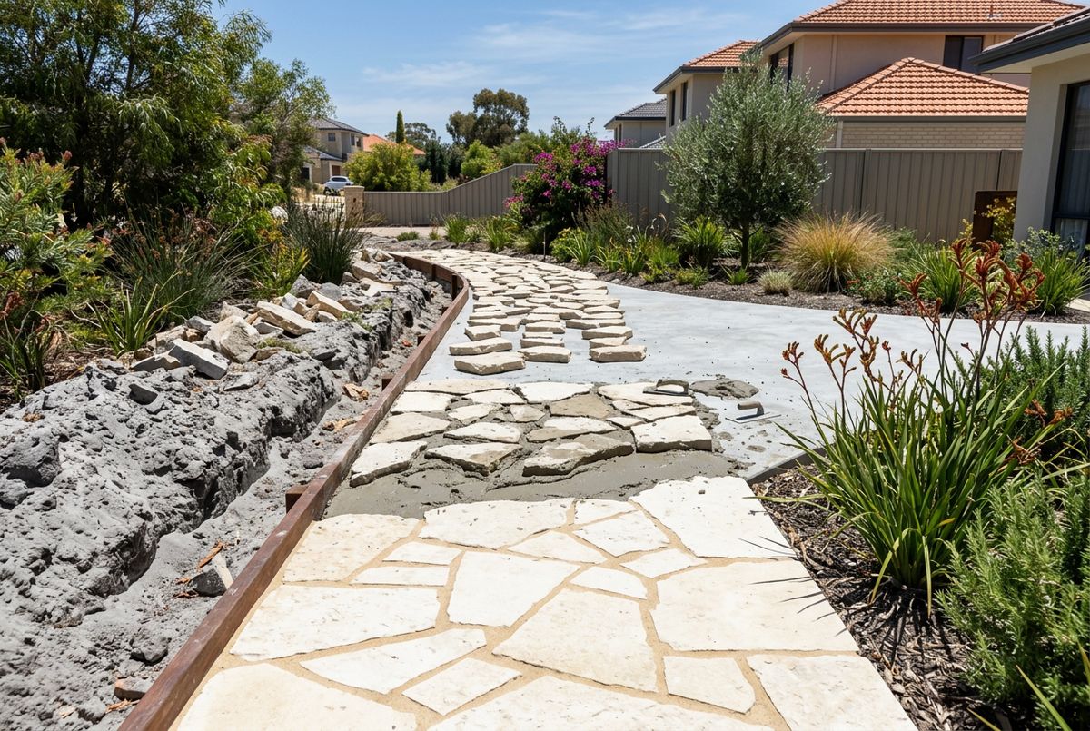 Limestone crazy paving path being laid on a mortar bed in Perth by IBP Paving