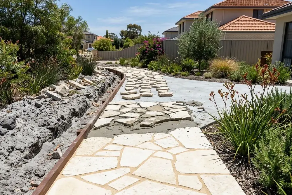 Limestone crazy paving path being laid on a mortar bed in Perth by IBP Paving