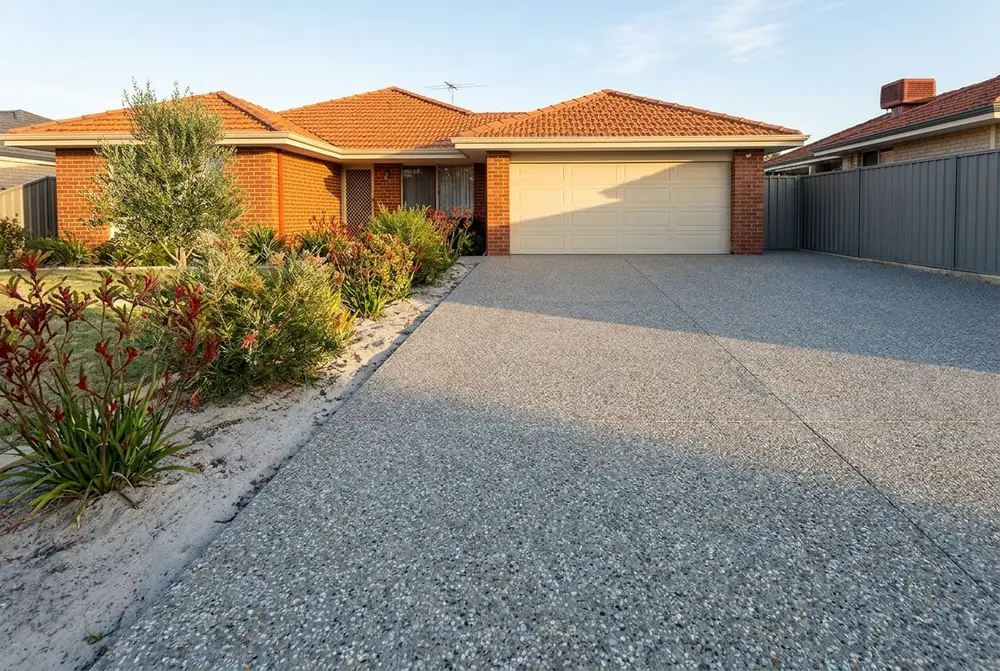 Grey base exposed aggregate driveway in front of a brick home