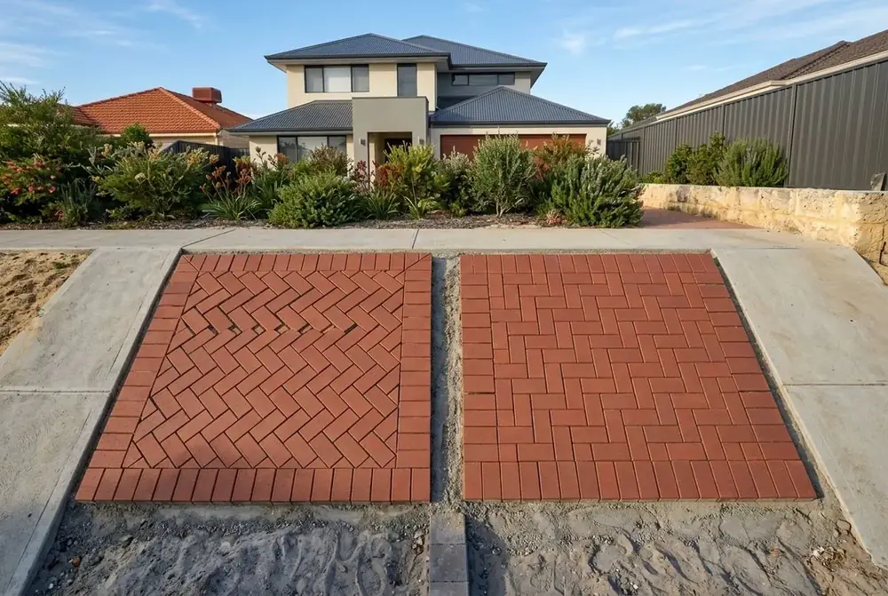 45 degree and 90 degree herringbone paving compared in clay pavers, Perth