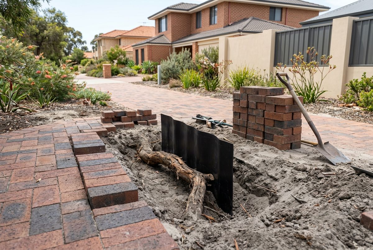 Root barrier installed before relaying pavers in Perth by IBP Paving (illustrative image, not a client job)