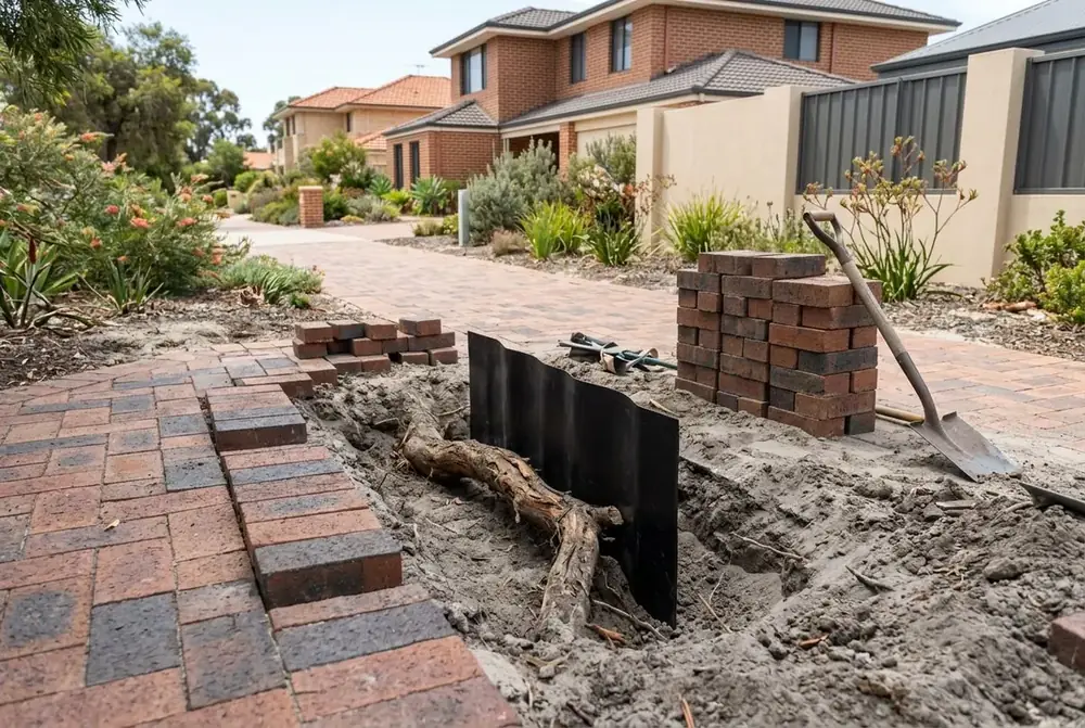 Root barrier installed before relaying pavers in Perth by IBP Paving