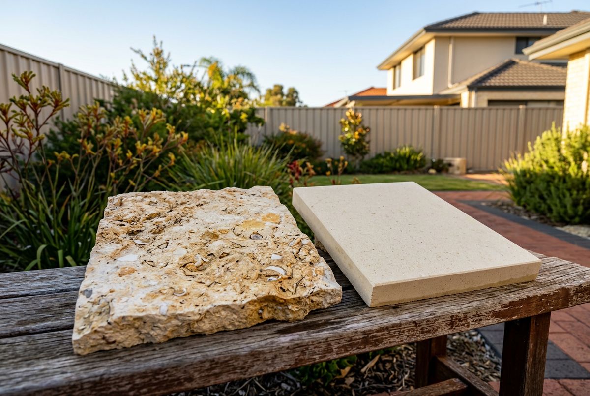 Natural Tamala limestone and reconstituted limestone pavers compared for Perth paving