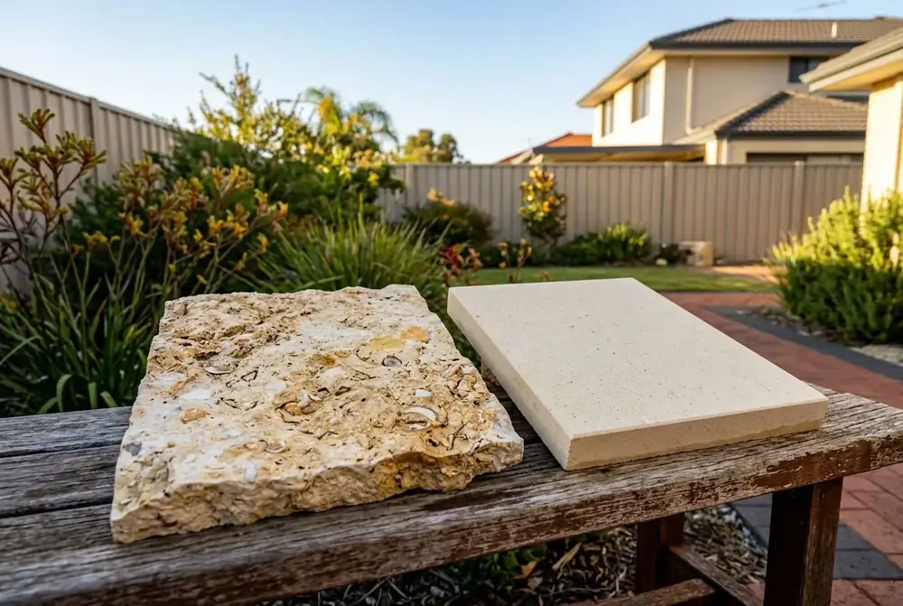 Natural Tamala limestone and reconstituted limestone pavers compared for Perth paving