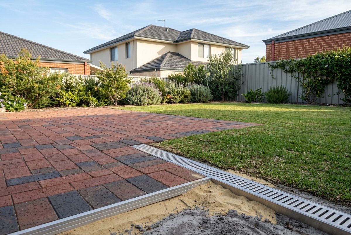 Patio paving falls to a grated drain and soakwell in Perth by IBP Paving