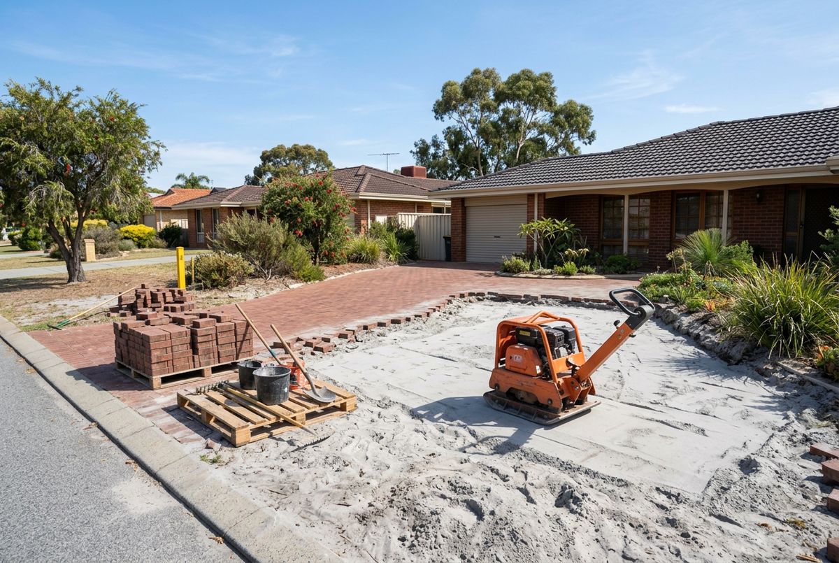 Driveway relay in progress on grey sand at a 1980s brick home in Alexander Heights, Perth by IBP Paving