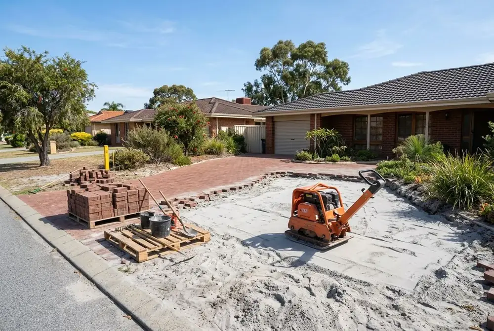 Driveway relay in progress on grey sand at a 1980s brick home in Alexander Heights, Perth by IBP Paving