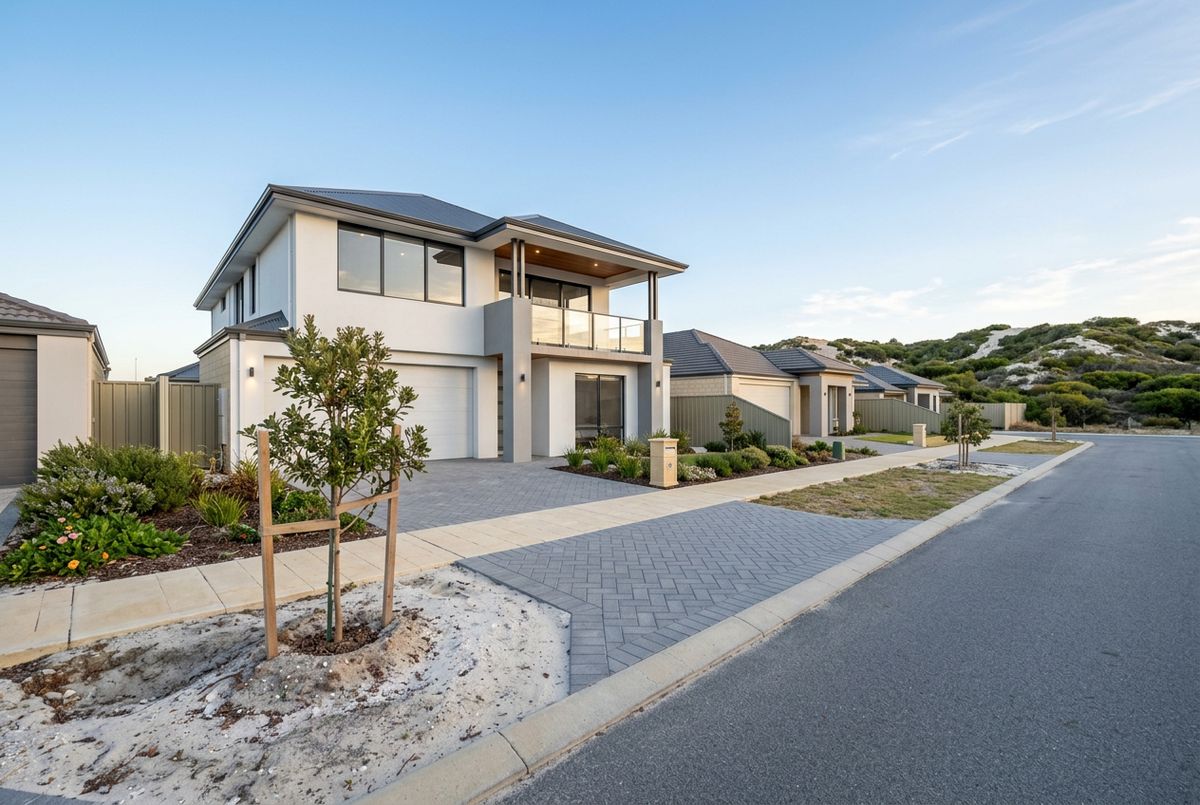 New herringbone paver driveway at a new build home in Alkimos, Perth by IBP Paving