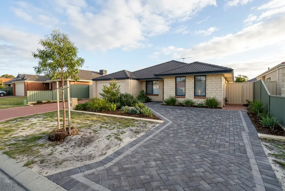 New brick paved driveway on a late 1990s Ashby home over grey sand