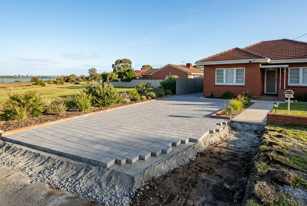 Paver driveway at a 1950s home near the river flats in Ashfield