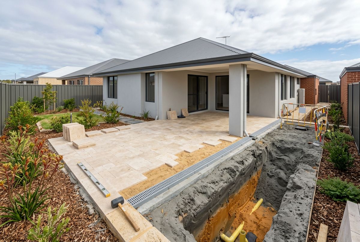 Travertine alfresco and soakwell on sand over clay at a 2010s home in Aveley, Perth by IBP Paving