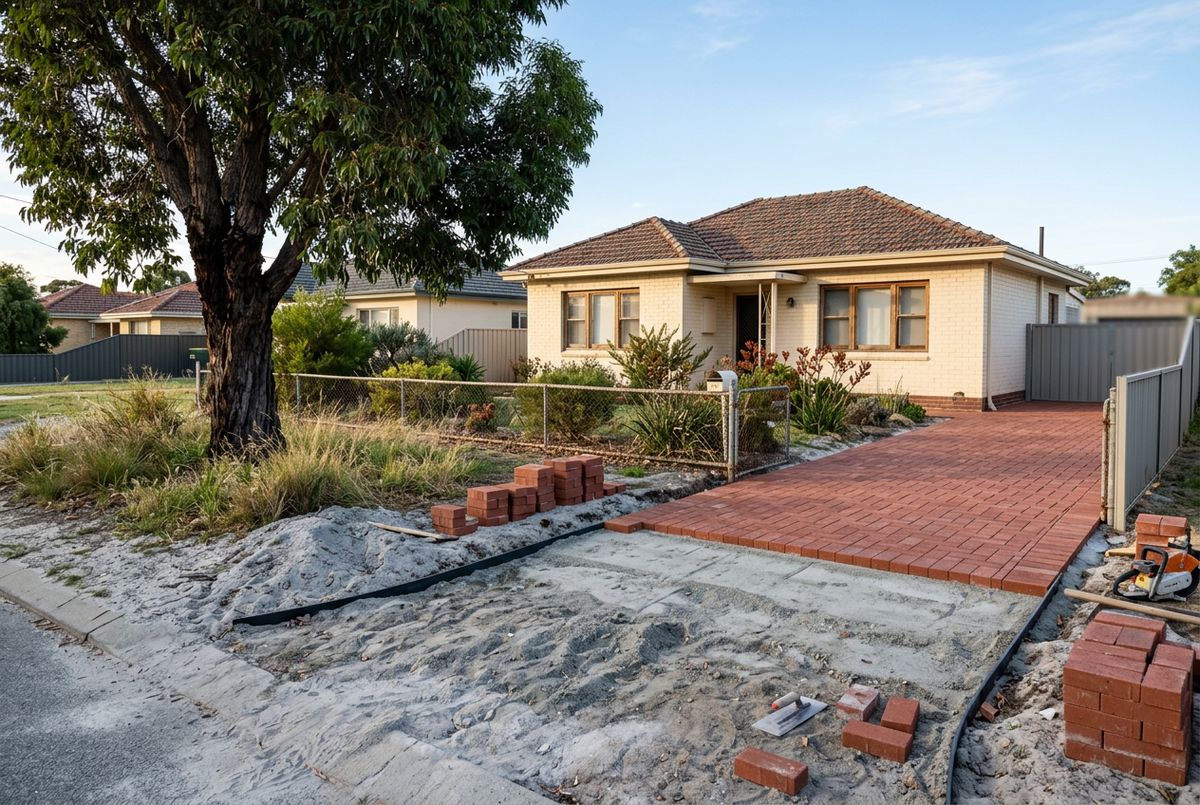 Replacement clay paver driveway at a 1960s home in Balga, Perth by IBP Paving
