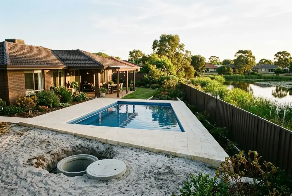 Limestone pool surround at a 1980s lake side home in Ballajura, Perth by IBP Paving