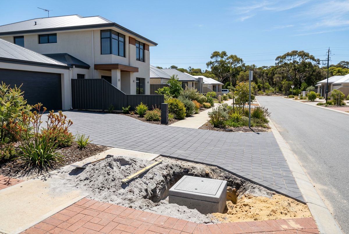 Narrow lot driveway and under paving soakwell at a two storey home in Banksia Grove, Perth by IBP Paving