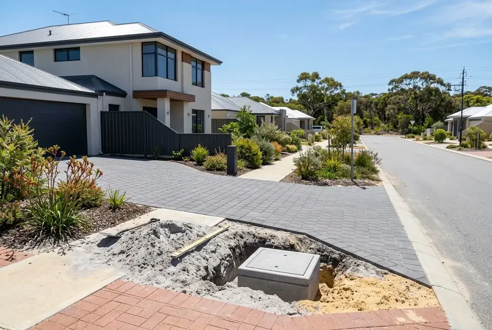 Narrow lot driveway and under paving soakwell at a two storey home in Banksia Grove, Perth by IBP Paving