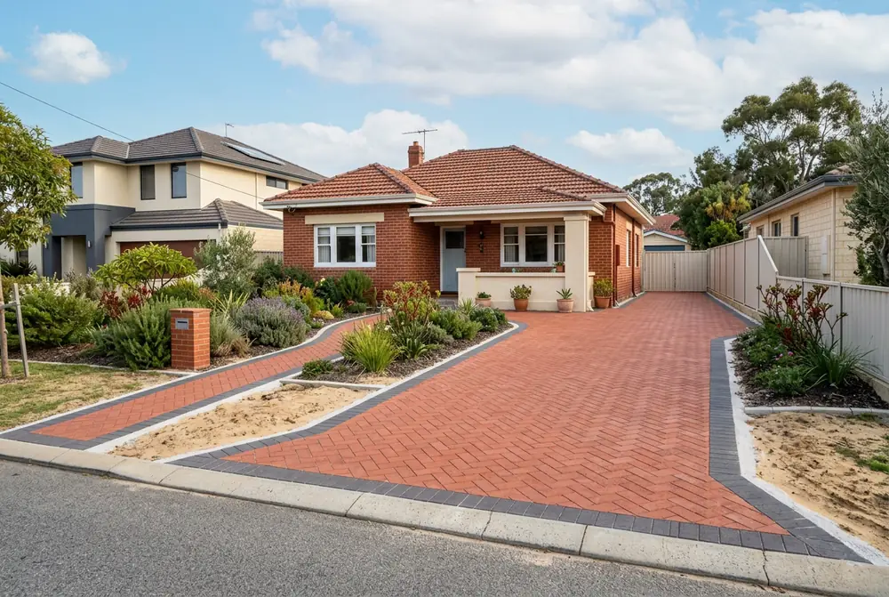 New clay paver driveway at a post war home in Bedford, Perth