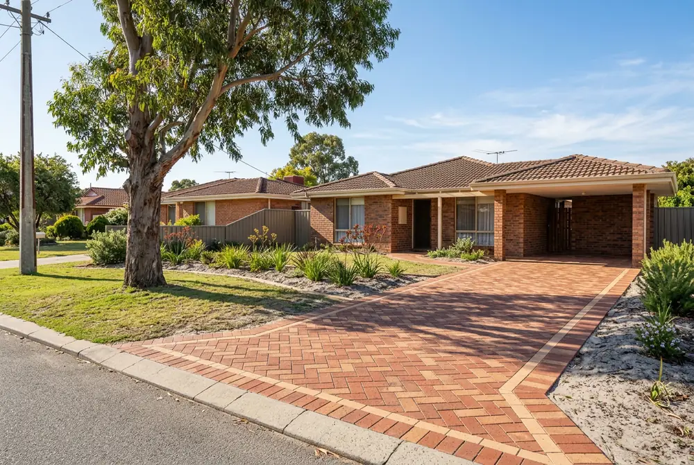 Relaid clay brick driveway at a 1980s brick and tile home on grey sand in Beechboro