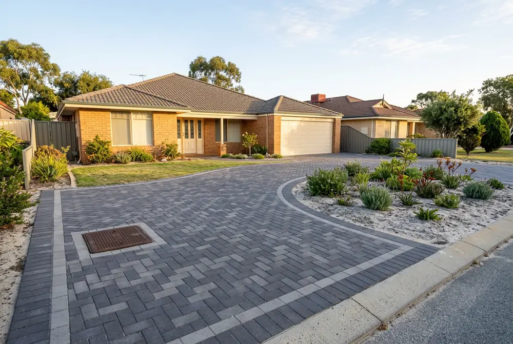 Relaid brick driveway with a soakwell lid at a home on grey sand in Bennett Springs