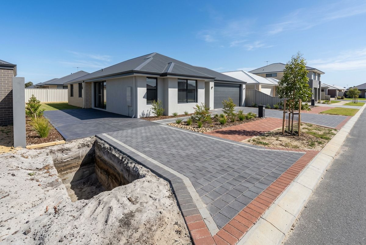 New driveway, crossover and soakwell at a 2010s home in Brabham, Perth by IBP Paving