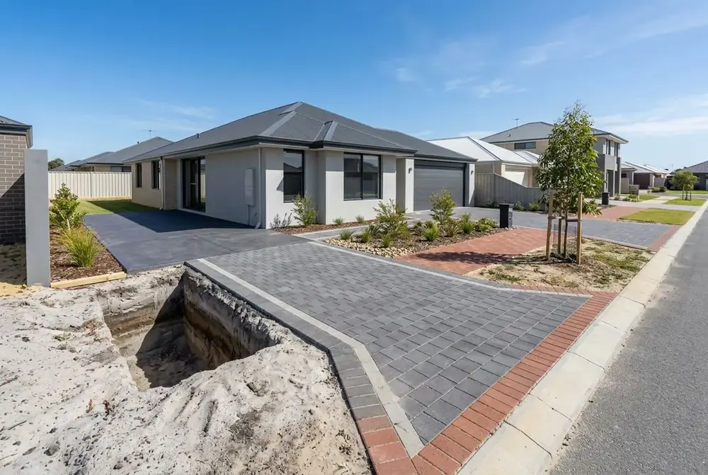 New driveway, crossover and soakwell at a 2010s home in Brabham, Perth by IBP Paving