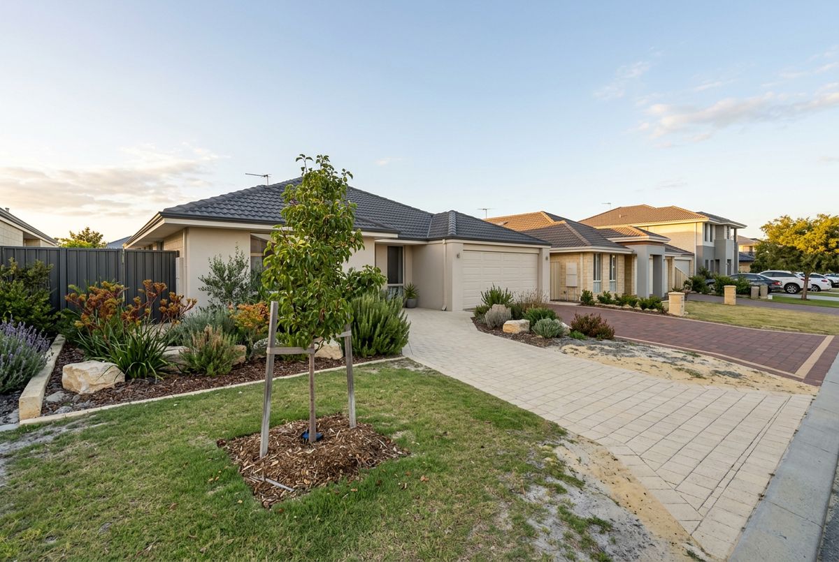 Narrow limestone coloured brick driveway at a 2010s home in Butler, Perth by IBP Paving