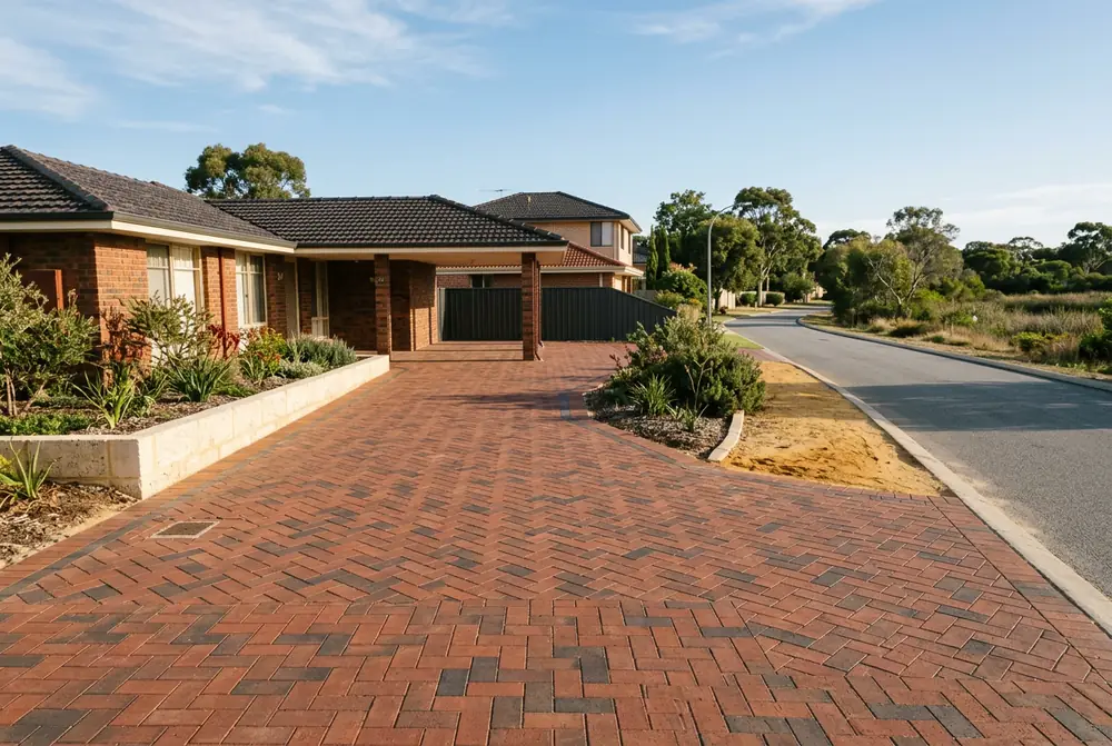 Relaid paver driveway at a 1970s home on yellow sand in Carine, Perth, near the wetland reserve