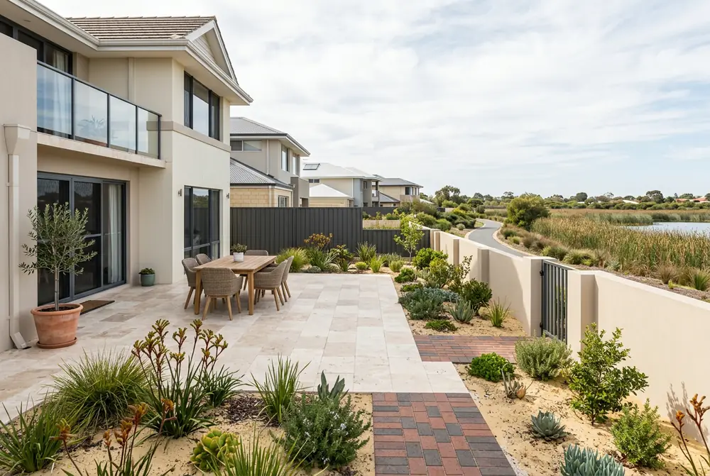 Travertine alfresco paving at a modern home in Churchlands, Perth
