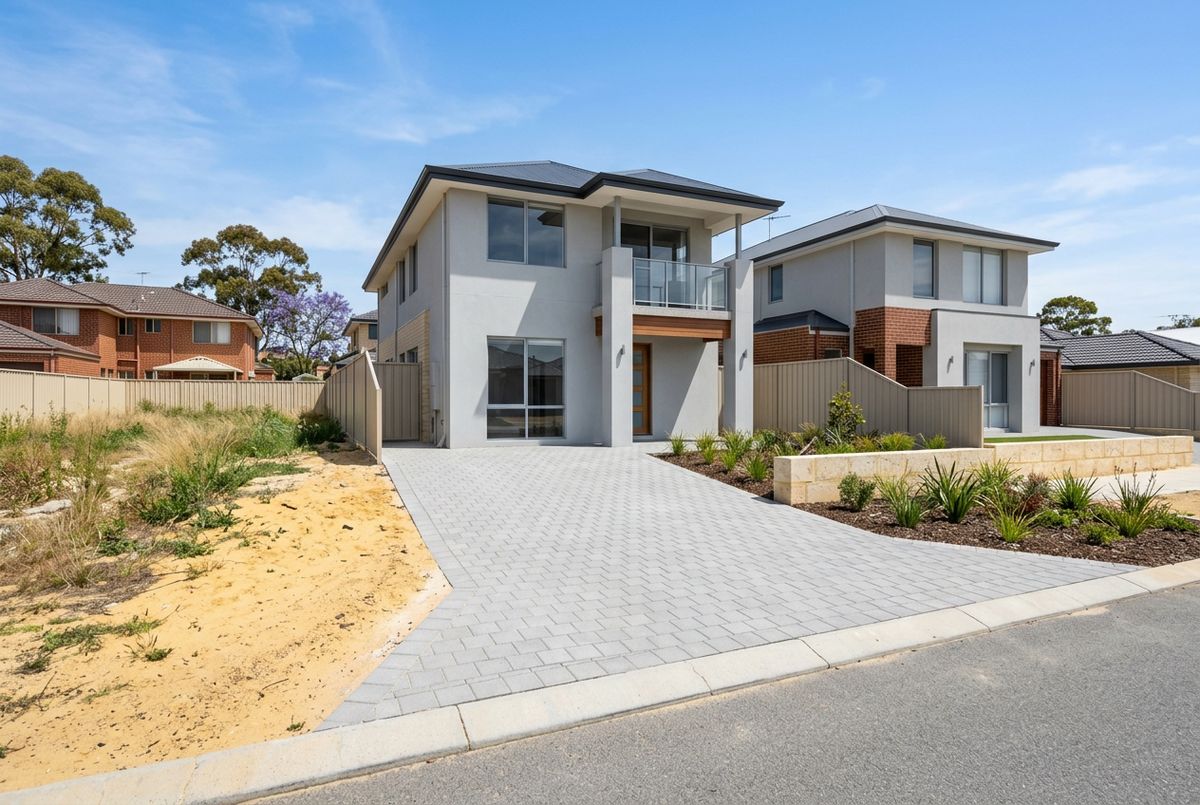 New grey brick paved driveway and crossover at a new home in Clarkson, Perth by IBP Paving