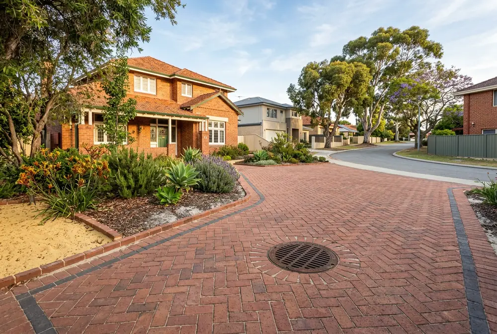 Herringbone brick driveway with soakwell lid at an older home on pale sand in Como