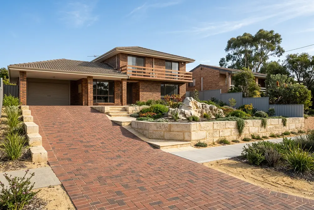 Limestone retaining wall and new driveway at a 1970s home in Craigie, Perth by IBP Paving