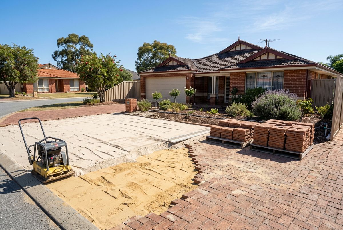 Relaying a 1990s clay paved driveway on yellow sand at a home in Currambine, Perth by IBP Paving