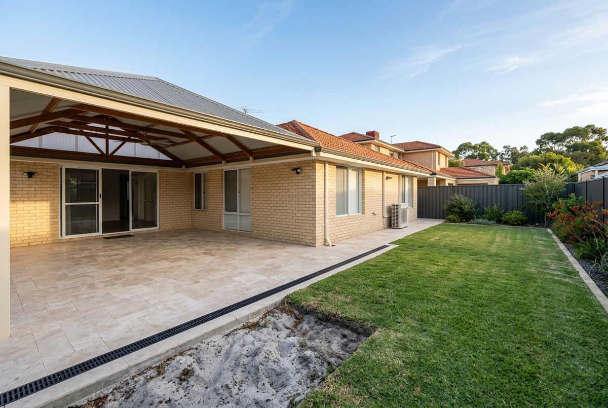 Travertine alfresco paving behind a 2000s brick and tile home in Darch, Perth by IBP Paving