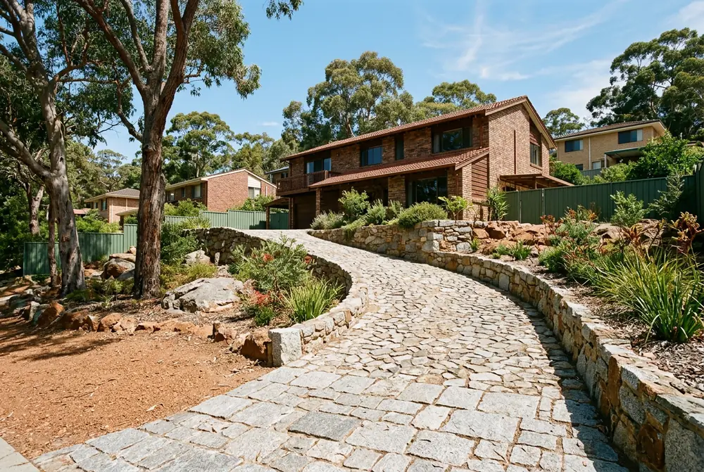 Stone paved driveway and retaining on a sloping lot in Darlington, Perth